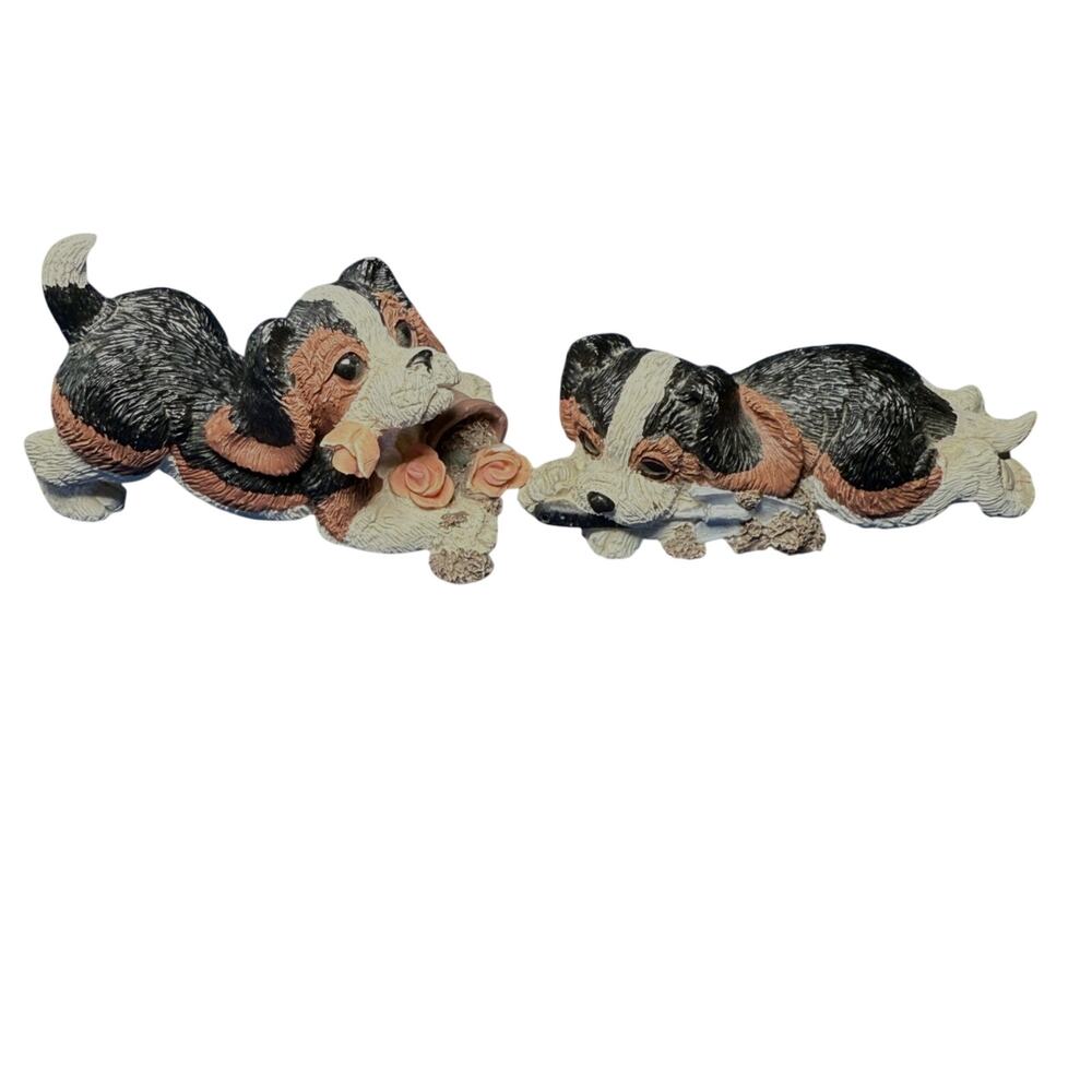 1993 Kathy Wise playful puppy ceramics set of 2 vintage‎ decor collectibles